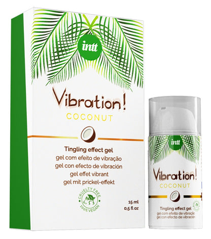 intt Liquid Vibration Coconut Stimulationsgel mit Verpackung und Flasche für exotische intime Wellness Momente