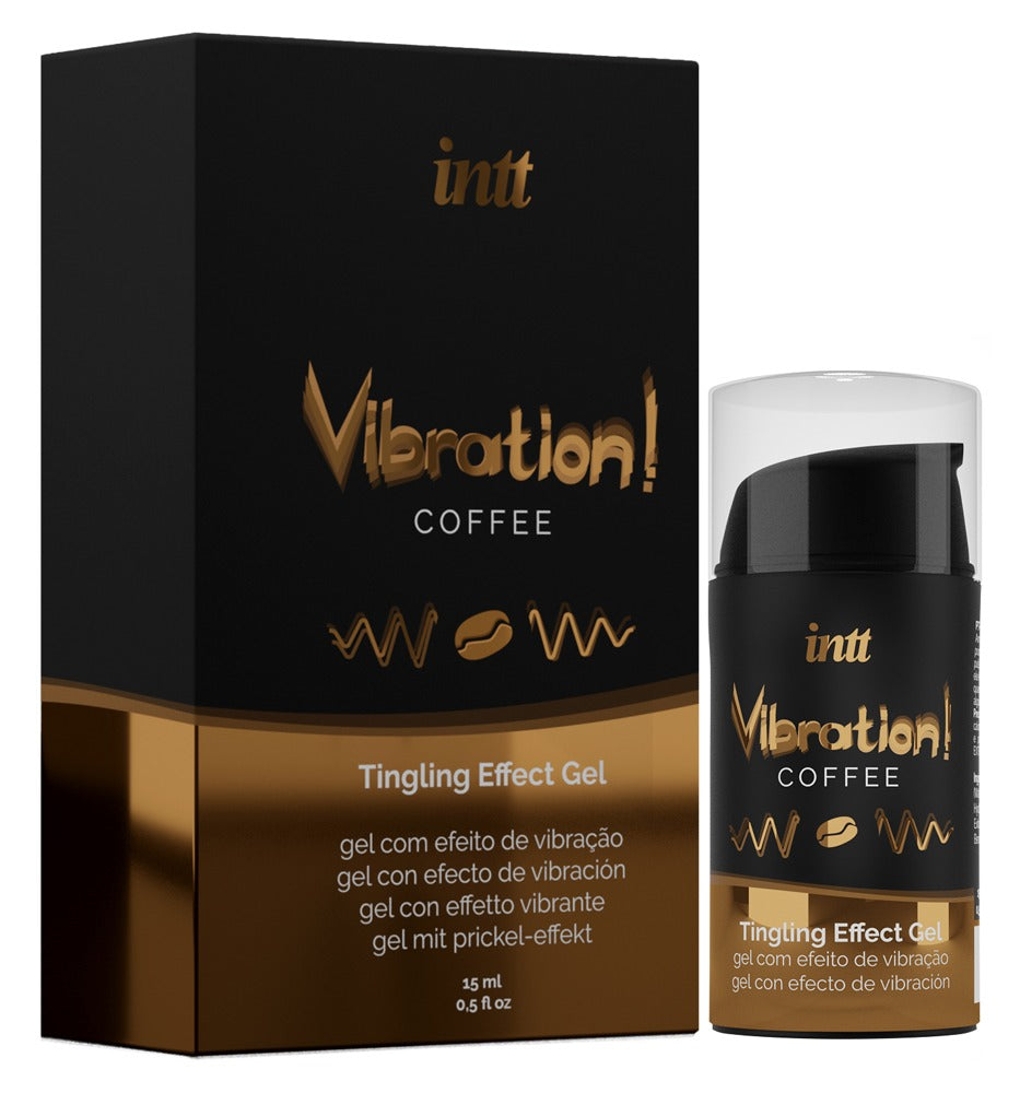 intt Liquid Vibration Coffee Stimulationsgel mit Verpackung und Flasche für bewusste intime Wellness Momente