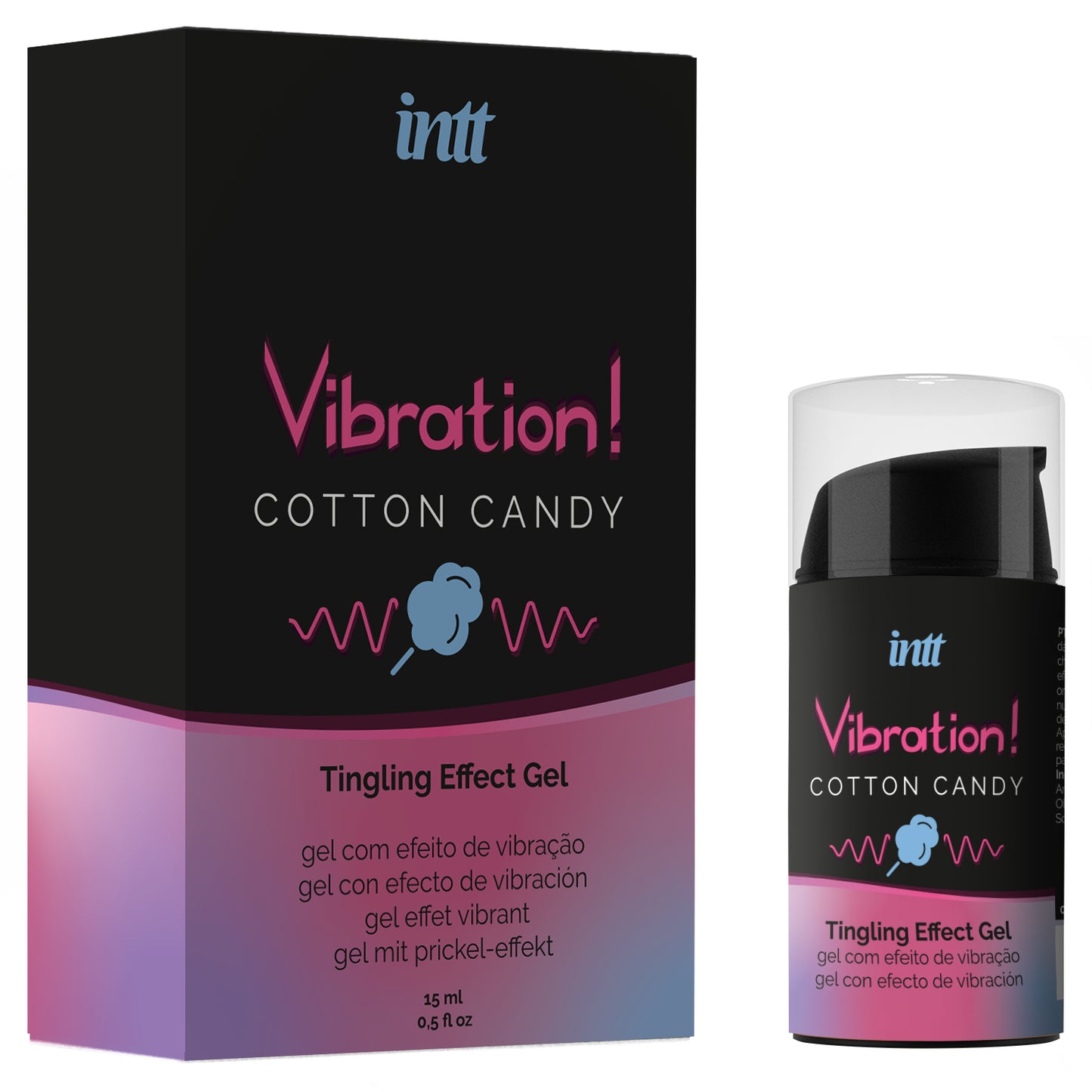intt Liquid Vibration Cotton Candy Stimulationsgel mit Verpackung und Flasche für sinnliche Intimate Wellness Momente