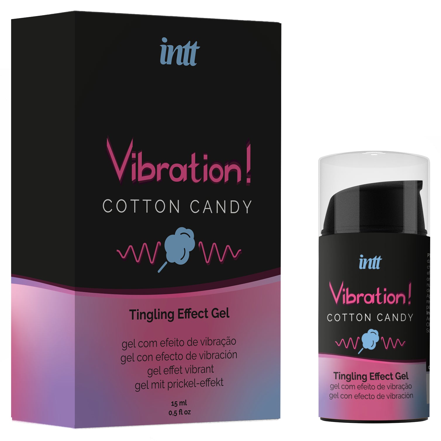 intt Liquid Vibration Cotton Candy Stimulationsgel mit Verpackung und Flasche für sinnliche Intimate Wellness Momente