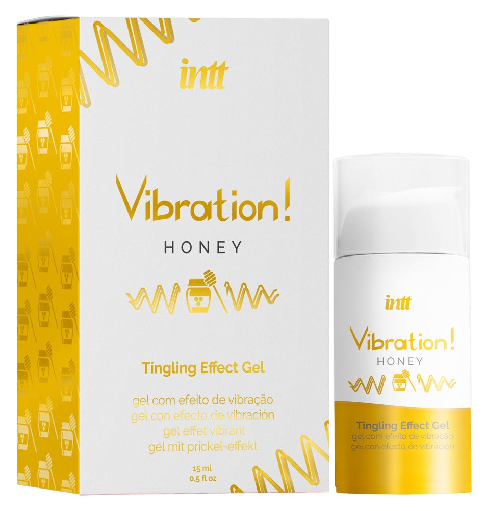 intt Liquid Vibration Honey Stimulationsgel mit Verpackung und Flasche für intime Wellness Momente