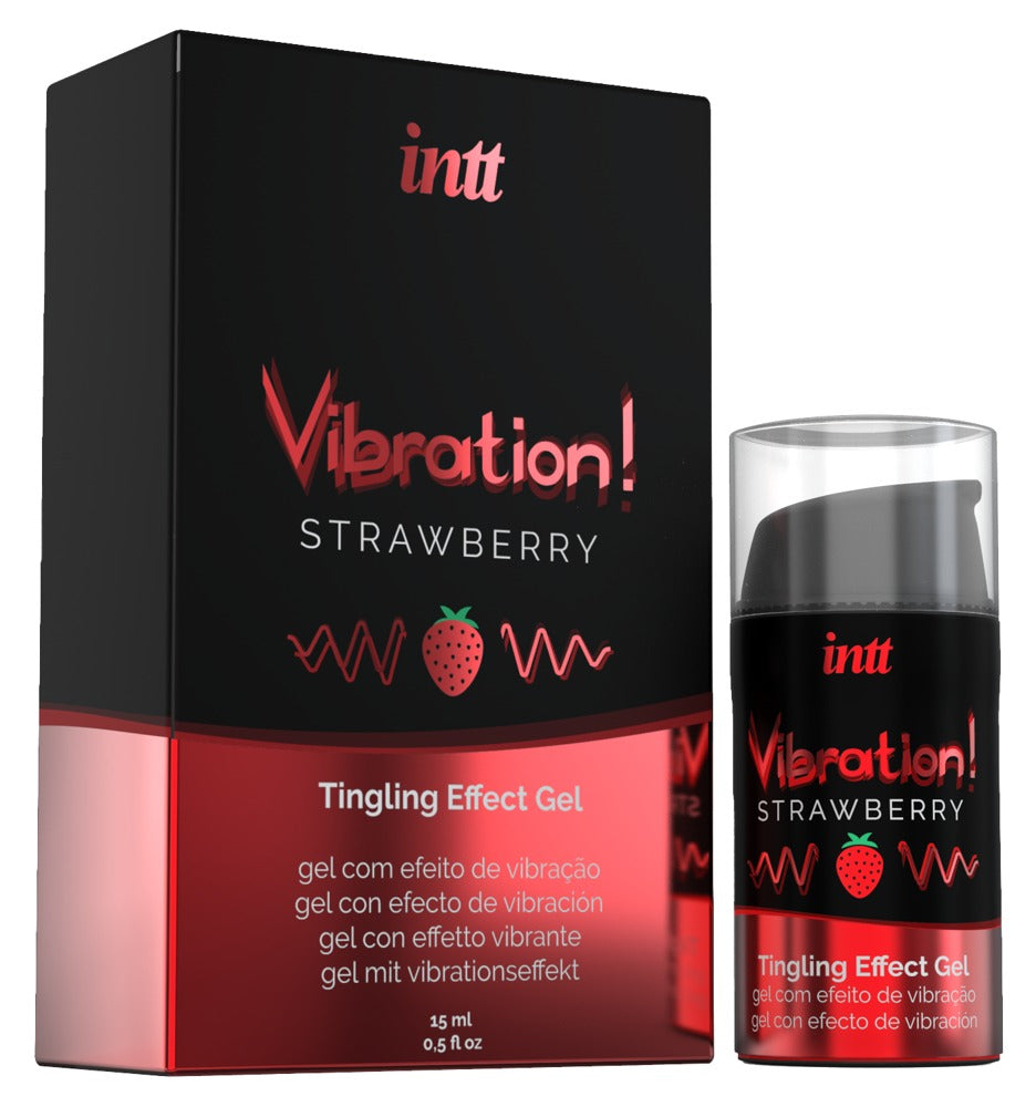 intt Liquid Vibration Strawberry Stimulationsgel mit Verpackung und Flasche für bewusste intime Wellness Momente