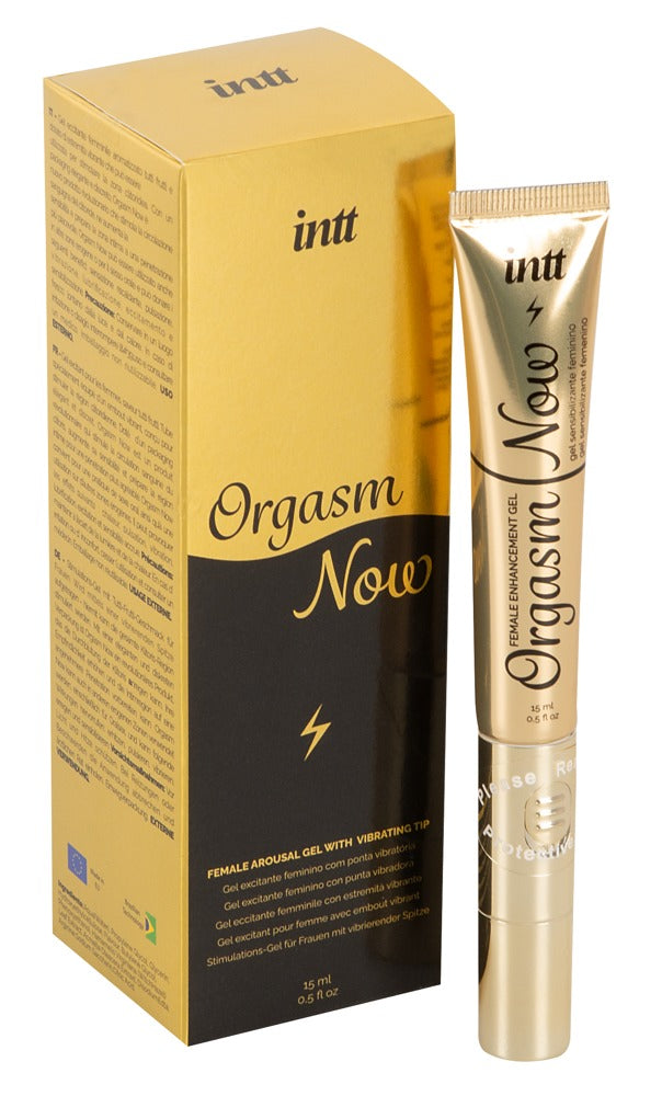 intt Orgasm Now Stimulationsgel Tube mit Verpackung und vibrierendem Applikator