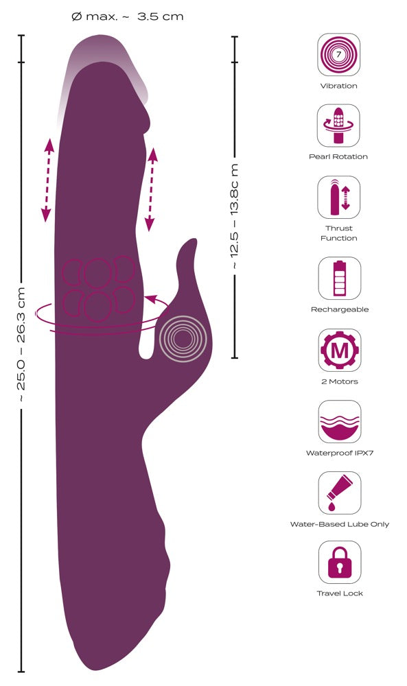 Diagramm mit Maßen und Funktionen des Javida Vibrators