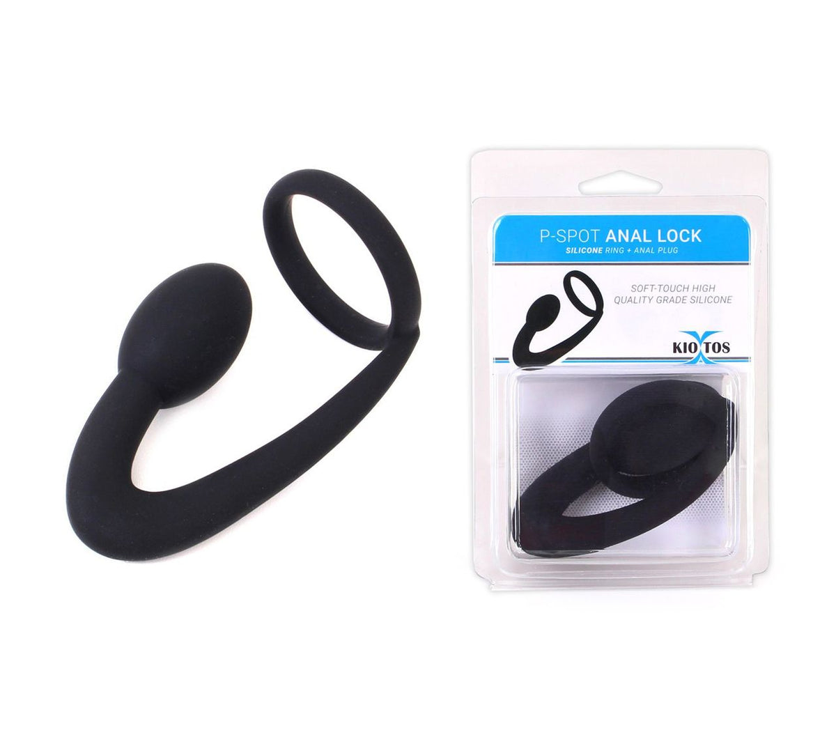 KIOTOS X Silicone Anal Lock schwarzes Set aus Plug und Ring mit Produktverpackung