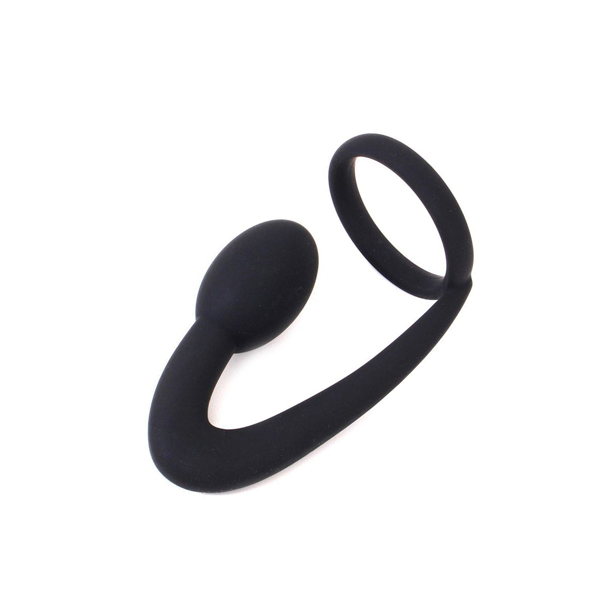 KIOTOS X Silicone Anal Lock in tiefem Schwarz mit Plug und Ring in schräger Ansicht