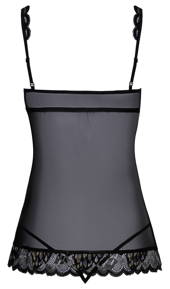 Rückansicht des Kissable Babydoll-Sets aus schwarzem Powernet mit schmalen verstellbaren Trägern