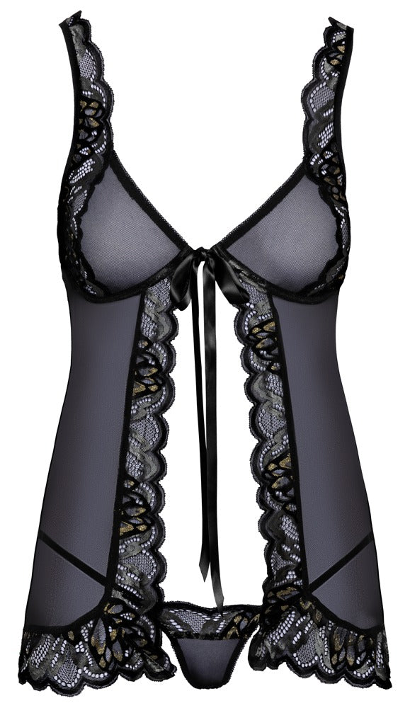 Kissable Babydoll-Set aus schwarzem Powernet und Effektspitze mit passendem String in Vorderansicht