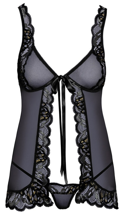 Kissable Babydoll-Set aus schwarzem Powernet und Effektspitze mit passendem String in Vorderansicht