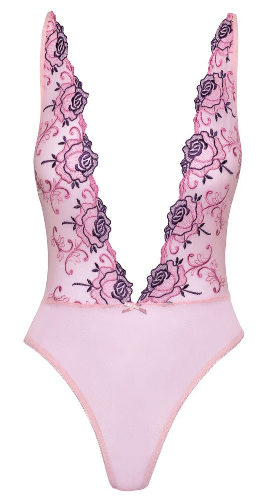 Kissable Body in Rosé aus transparentem Powernet mit floraler Stickerei als Produktansicht von vorn