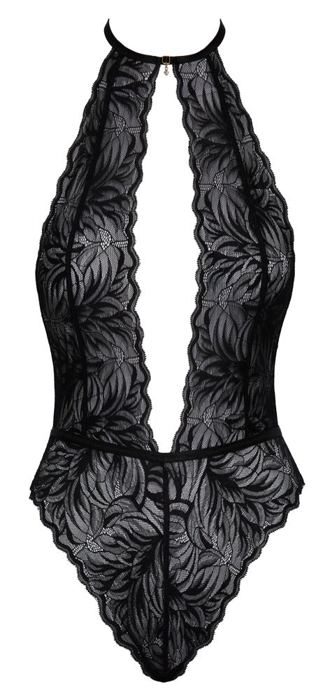 Kissable Neckholder-Body aus schwarzer Spitze mit tiefem Ausschnitt als Produktansicht von vorn