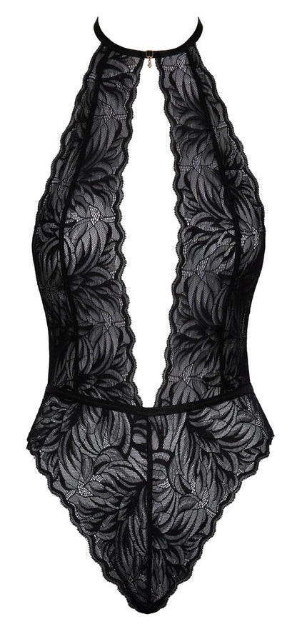 Kissable Neckholder-Body aus schwarzer Spitze mit tiefem Ausschnitt als Produktansicht von vorn