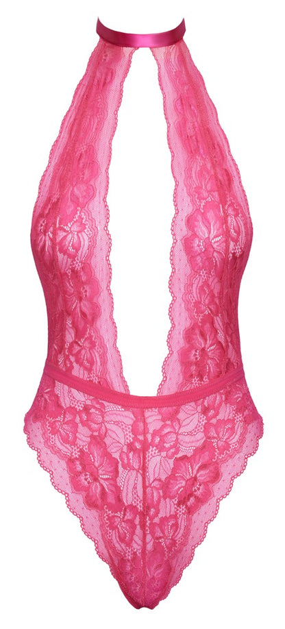 Kissable Spitzen-Body in Pink mit tiefem Ausschnitt und Satin-Neckholder als Produktansicht von vorn