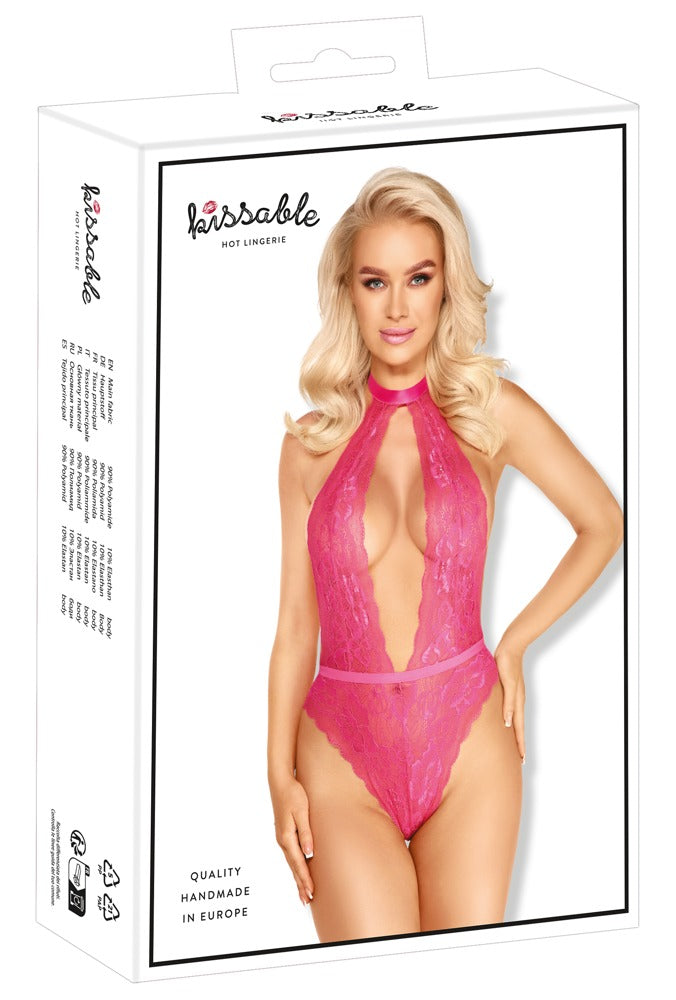 Verpackung des pinkfarbenen Kissable Spitzen-Bodys mit Satin-Neckholder und Rückenansicht
