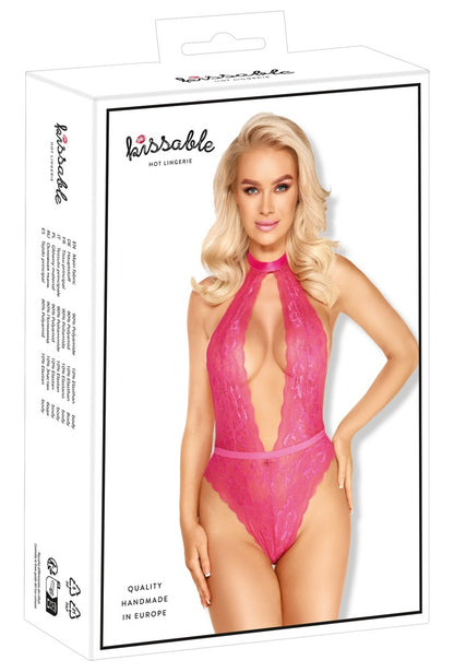 Verpackung des pinkfarbenen Kissable Spitzen-Bodys mit Satin-Neckholder und Rückenansicht