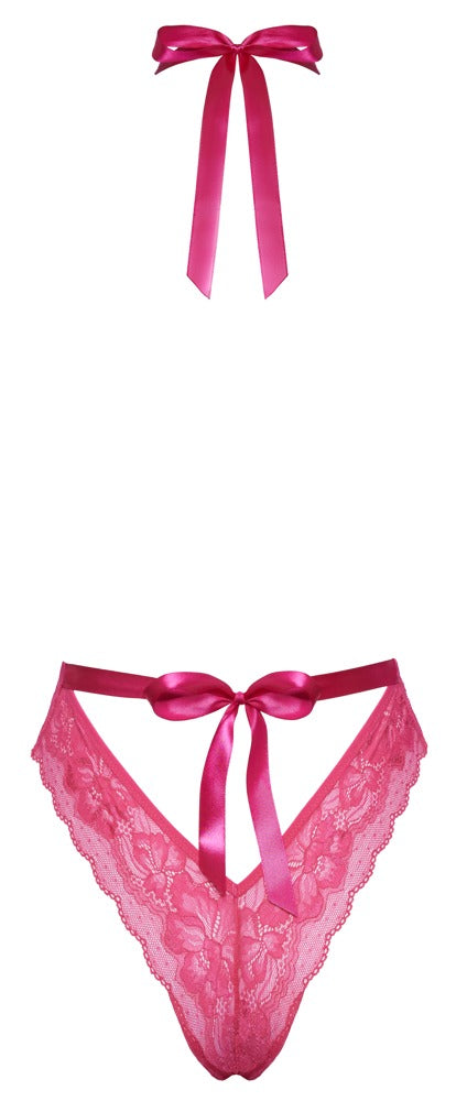 Kissable Spitzen-Body in Pink mit freiem Rücken und Satin-Schleife als Produktansicht von hinten