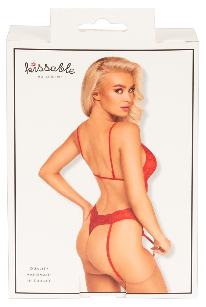 Rückseite der Verpackung des kissable Straps-Bodys aus roter Spitze