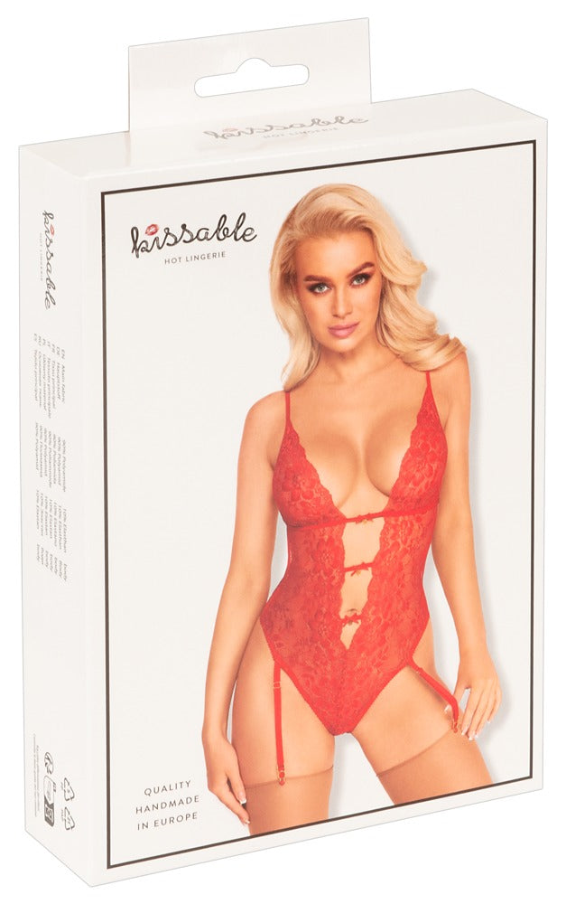 Vorderseite der Verpackung des kissable Straps-Bodys aus roter Spitze