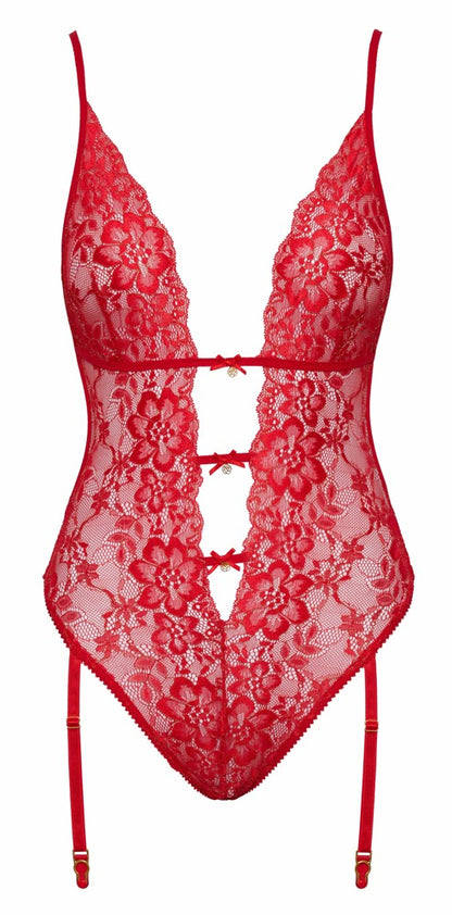 Vorderansicht des kissable Straps-Bodys aus roter Spitze mit tiefem Ausschnitt und verstellbaren Strapsen