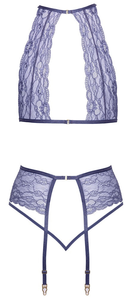 Kissable Straps-Dessousset in Lavendel mit Soft-BH, Strapsgurt und String in der Rückansicht