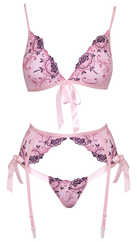 Kissable Straps-Dessousset in Rosé mit Soft-BH, Strapsgurt und String als Produktansicht von vorn