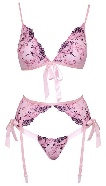 Kissable Straps-Dessousset in Rosé mit Soft-BH, Strapsgurt und String als Produktansicht von vorn