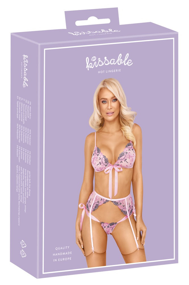 Verpackung des Kissable Straps-Dessoussets in Rosé mit Abbildung des dreiteiligen Sets