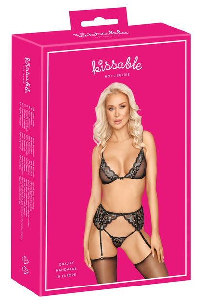 Verpackung des Kissable Straps-Dessoussets in Schwarz mit Abbildung des dreiteiligen Sets