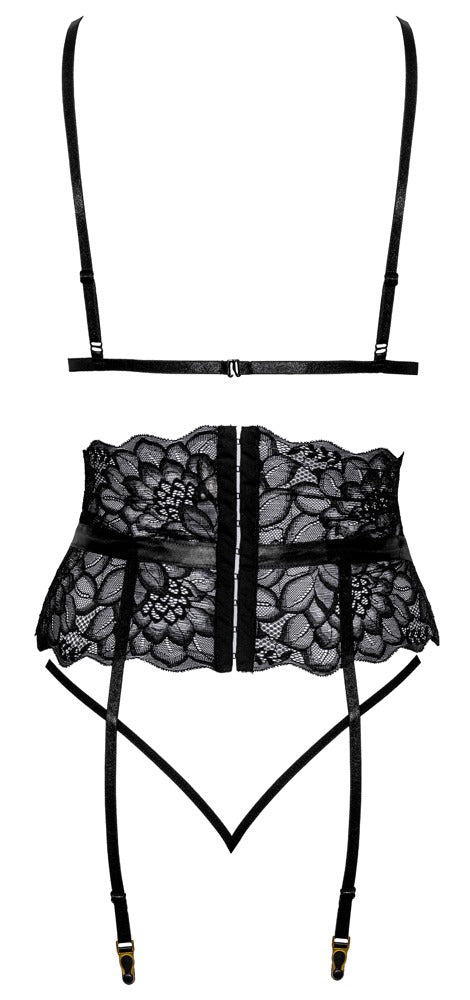 Kissable Straps-Dessousset aus schwarzer Spitze mit Strapsgurt und String als Produktansicht von hinten