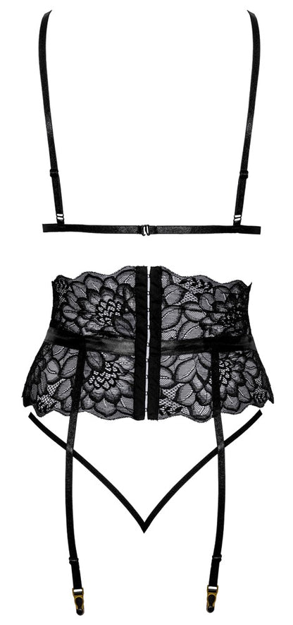 Kissable Straps-Dessousset aus schwarzer Spitze mit Strapsgurt und String als Produktansicht von hinten