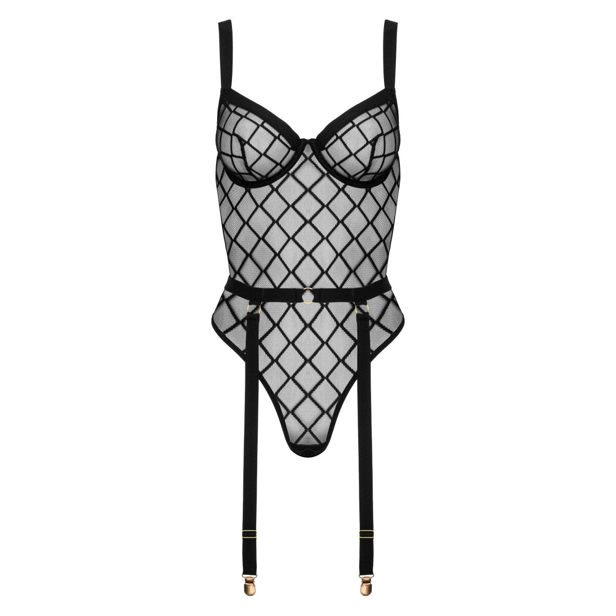Kotek KO BD105 schwarzer Netzbody in Vorderansicht mit Bügelcups, transparentem Netz und integriertem Strapsgürtel