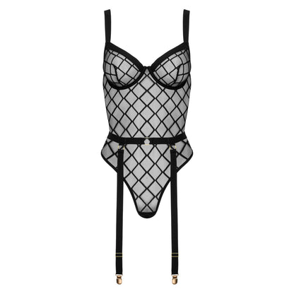 Kotek KO BD105 schwarzer Netzbody in Vorderansicht mit Bügelcups, transparentem Netz und integriertem Strapsgürtel