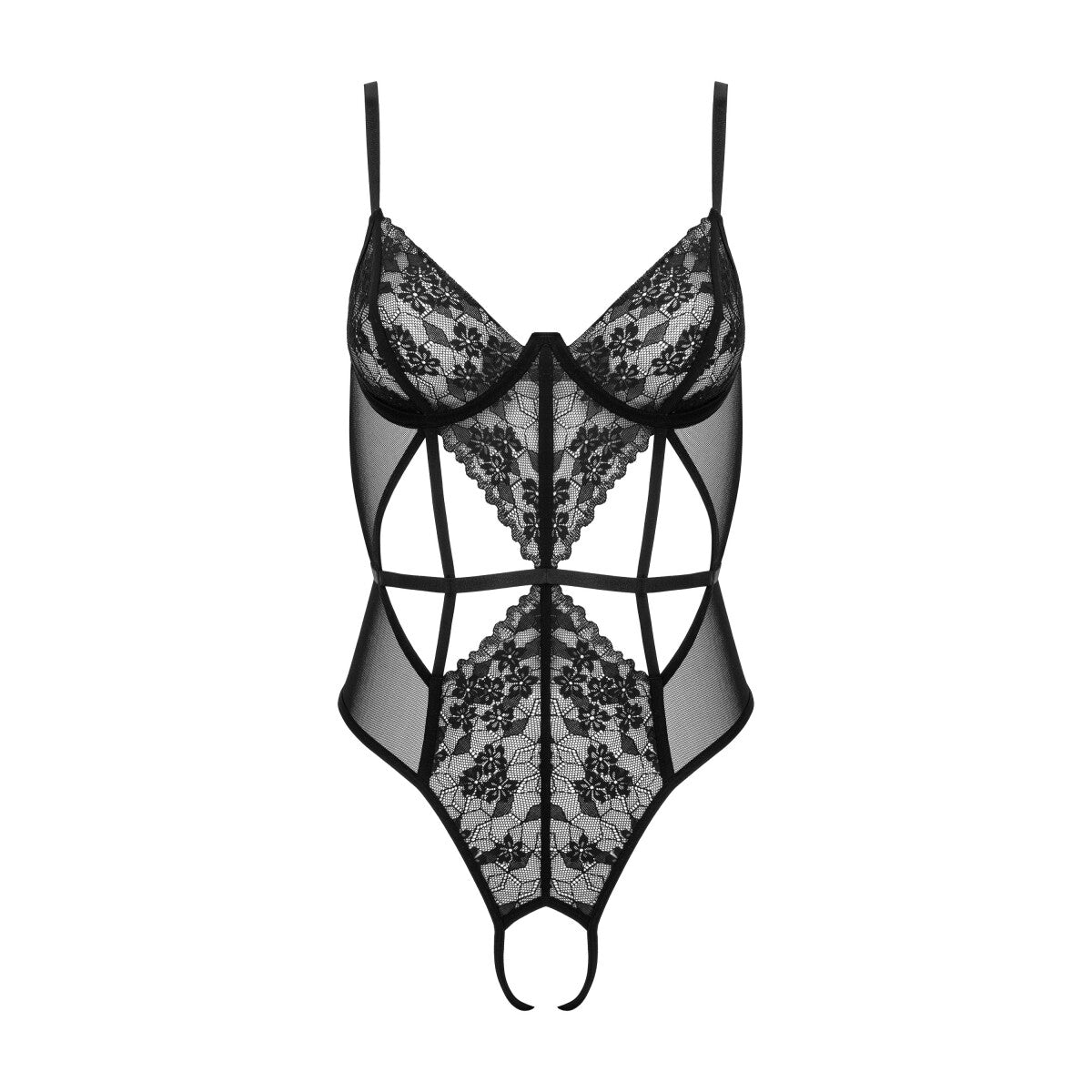 Kotek KO BD107 schwarzer Ouvert-Spitzenbody in Vorderansicht mit Bügelcups, floraler Spitze und markanten Riemchendetails