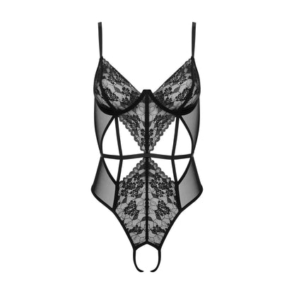 Kotek KO BD107 schwarzer Ouvert-Spitzenbody in Vorderansicht mit Bügelcups, floraler Spitze und markanten Riemchendetails