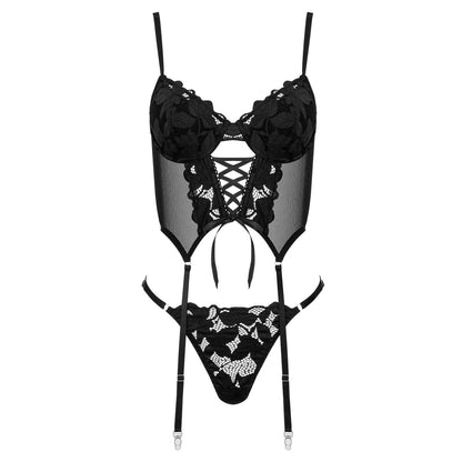 Kotek KO CO103 schwarzes Strapshemd in Vorderansicht mit floraler Stickerei, transparenten Einsätzen, Cut-outs und verstellbaren Strapshaltern