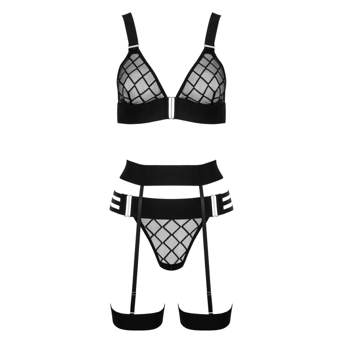 Kotek KO THP105 schwarzes Dessous-Set in Vorderansicht mit BH, String, Strapsgürtel, Rautennetz und geometrischen Riemchendetails