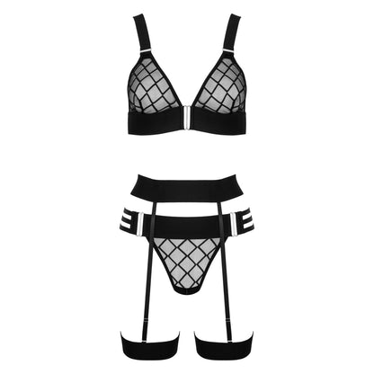 Kotek KO THP105 schwarzes Dessous-Set in Vorderansicht mit BH, String, Strapsgürtel, Rautennetz und geometrischen Riemchendetails