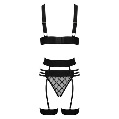 Kotek KO THP105 schwarzes Dessous-Set in Rückansicht mit BH-Verschluss, String und Strapsgürtel mit verstellbaren Strumpfhaltern