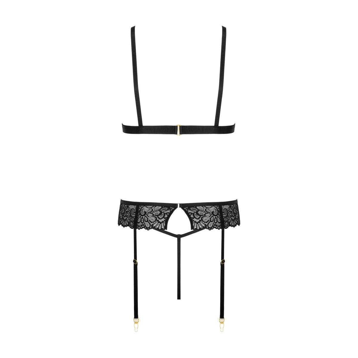 Kotek KO THP108 schwarzes Dessous-Set in Rückansicht mit BH-Verschluss, String und Strapsgürtel mit Strumpfhaltern