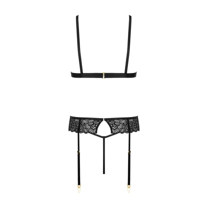 Kotek KO THP108 schwarzes Dessous-Set in Rückansicht mit BH-Verschluss, String und Strapsgürtel mit Strumpfhaltern