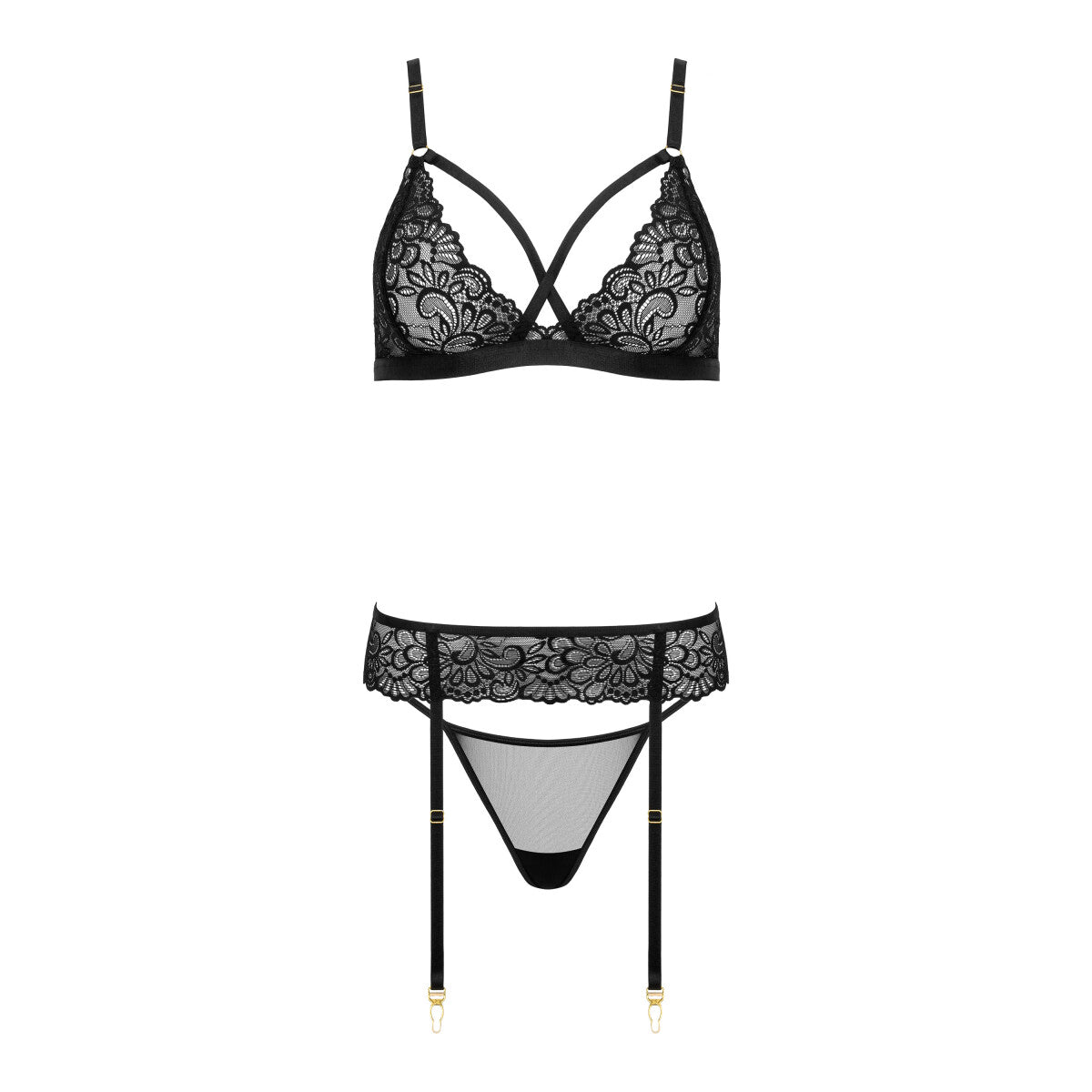 Kotek KO THP108 schwarzes Dessous-Set in Vorderansicht mit Spitzen-BH, String und passendem Strapsgürtel