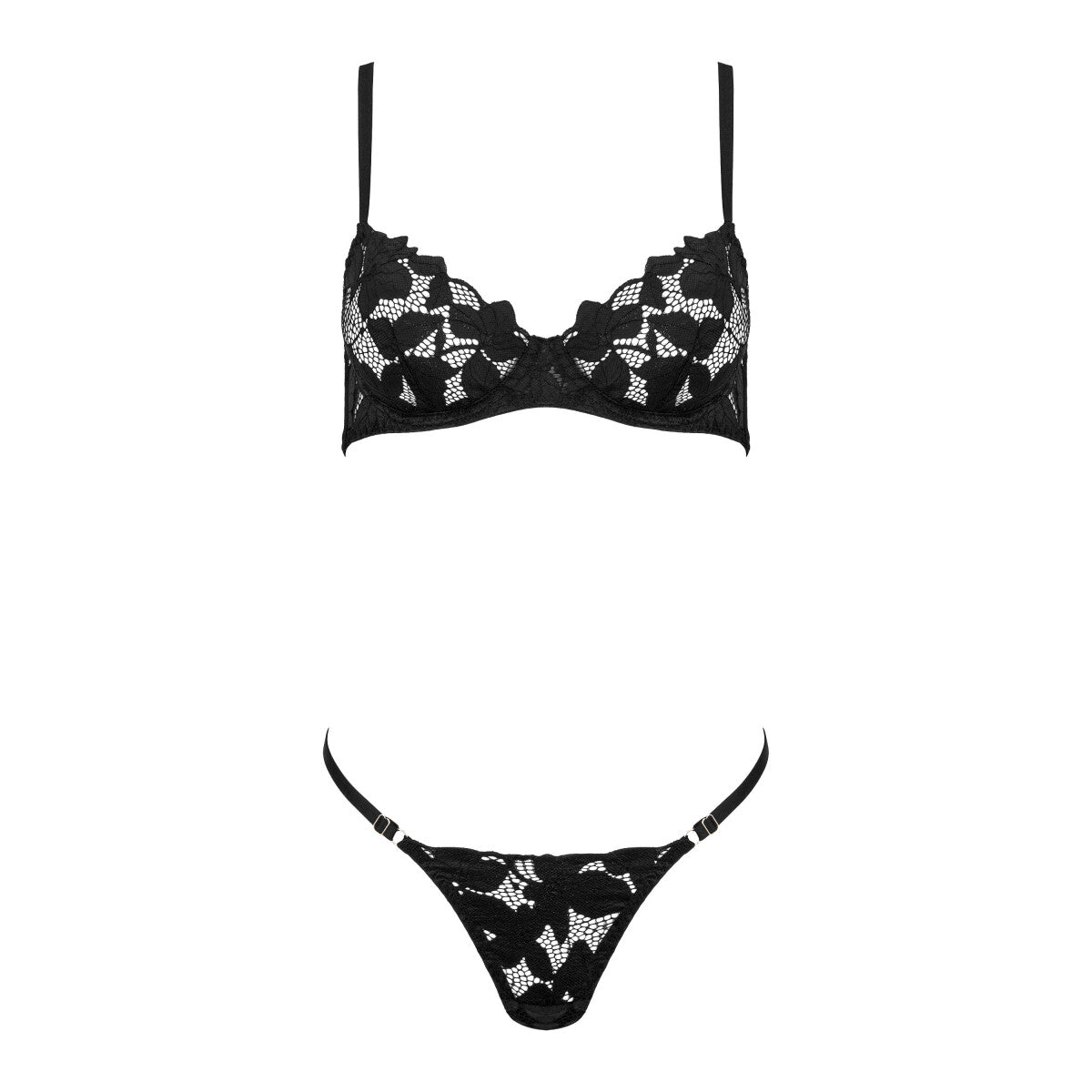 Kotek KO TP103 schwarzes Spitzen-BH-Set in Vorderansicht mit floraler Spitze, Bügelcups und passendem String