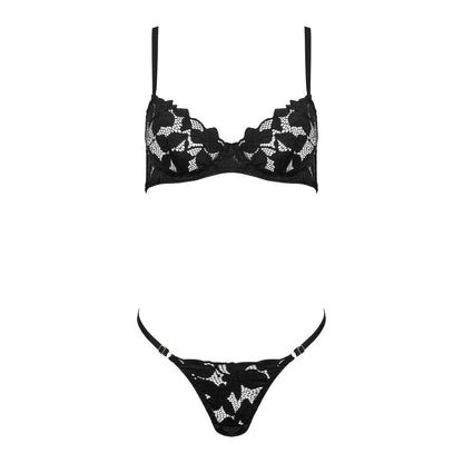 Kotek KO TP103 schwarzes Spitzen-BH-Set in Vorderansicht mit floraler Spitze, Bügelcups und passendem String
