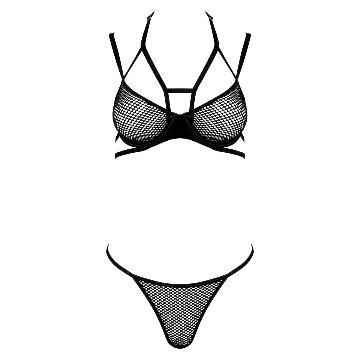 Kotek KO TP104 schwarzes Dessous-Set in Vorderansicht mit Neckholder-BH aus Netzmaterial und passendem String