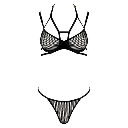 Kotek KO TP104 schwarzes Dessous-Set in Vorderansicht mit Neckholder-BH aus Netzmaterial und passendem String