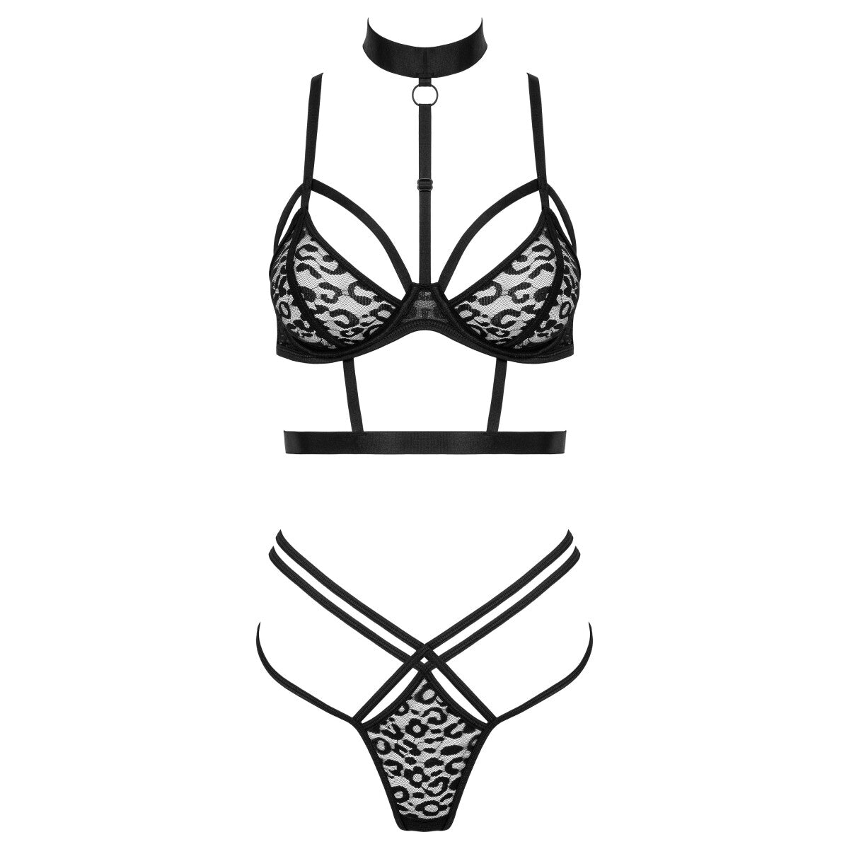 Kotek KO TP106 schwarzes Dessous-Set in Vorderansicht mit Choker, BH, String und geometrisch angeordneten Riemchen