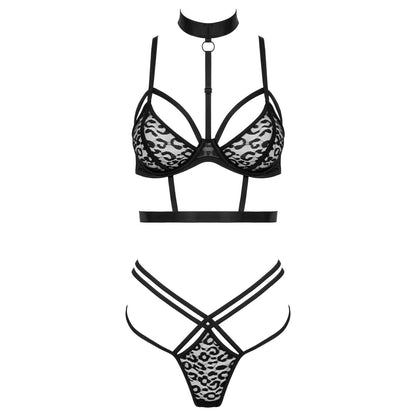 Kotek KO TP106 schwarzes Dessous-Set in Vorderansicht mit Choker, BH, String und geometrisch angeordneten Riemchen