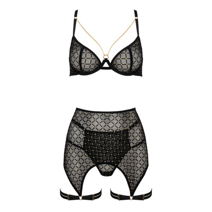Kotek THP101 schwarzes 3-teiliges Dessous-Set in Vorderansicht mit BH, String und Strapsgürtel mit transparenten Spitzendetails