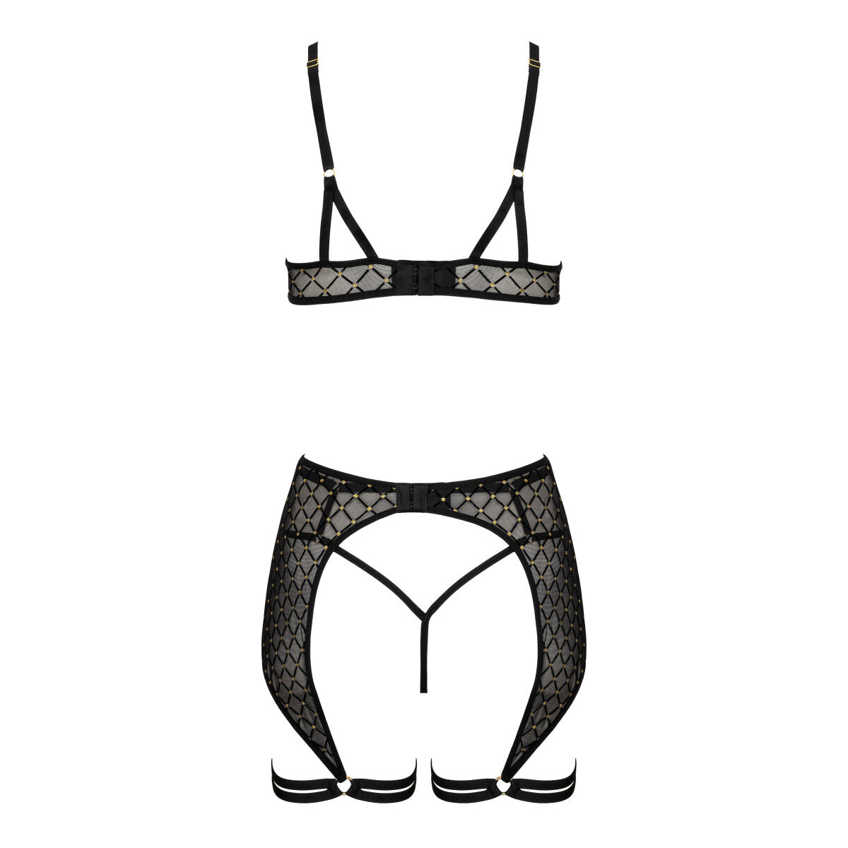 Kotek THP101 schwarzes Dessous-Set in Rückansicht mit BH-Verschluss, String und Strapsgürtel mit Strumpfhaltern