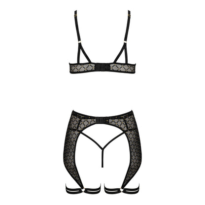 Kotek THP101 schwarzes Dessous-Set in Rückansicht mit BH-Verschluss, String und Strapsgürtel mit Strumpfhaltern